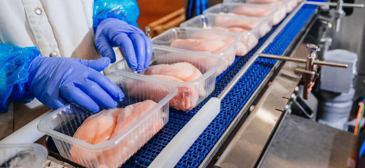 Person wearing blue latex gloves packs raw chicken into plastic containers on a conveyor