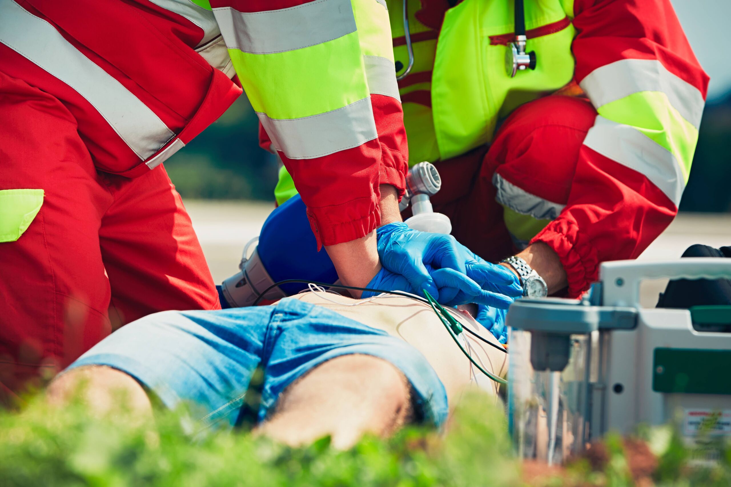 Two paramedics perform CPR on patient